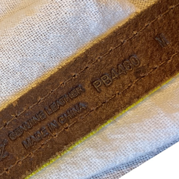 Linea Pelle Brown Leather yellow grosgrain Ribbon trim Belt size M - Picture 4 of 9